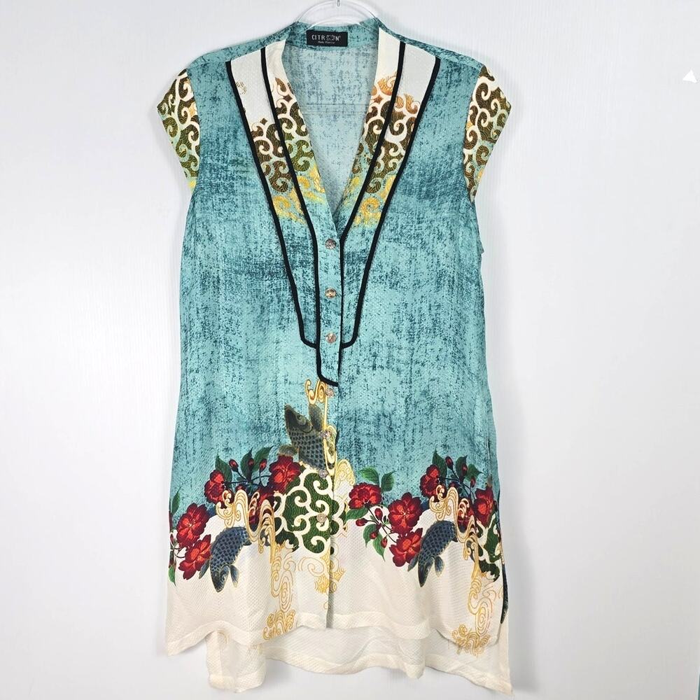 Citron Silk Sleeveless V-Neck Top Floral Koi Snake Textured Print Long Line M